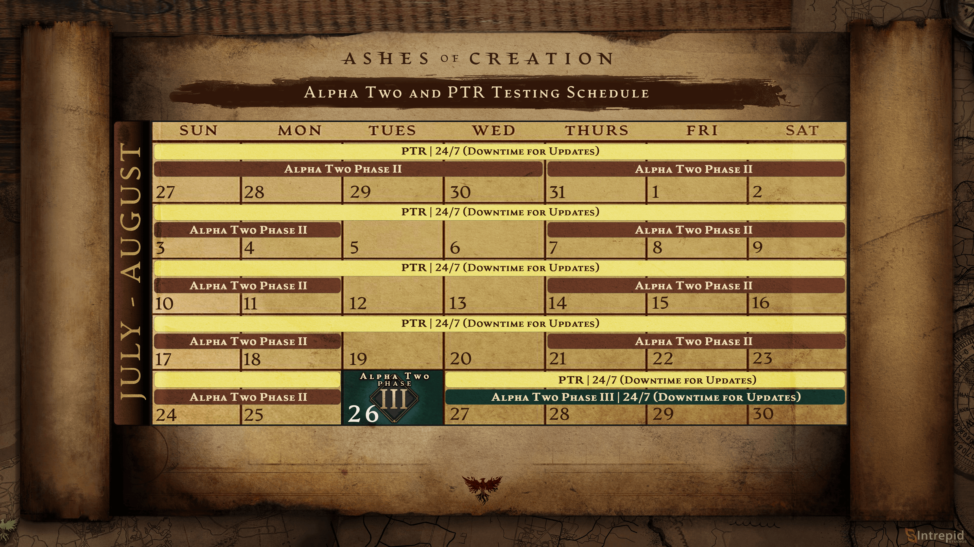 A detailed calendar showing testing dates for Alpha Two and PTR testing from July 2025 to August 2025.